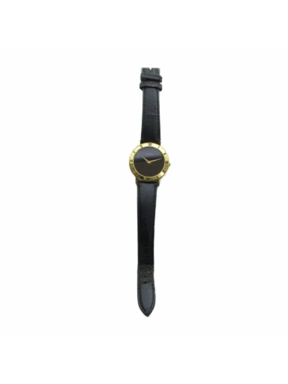 Gucci 3000.2 M Watch Quartz Leather Strap Black Dial Gold